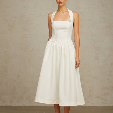 Mattea White Halterneck Pleated Midi Dress with Open Back Design