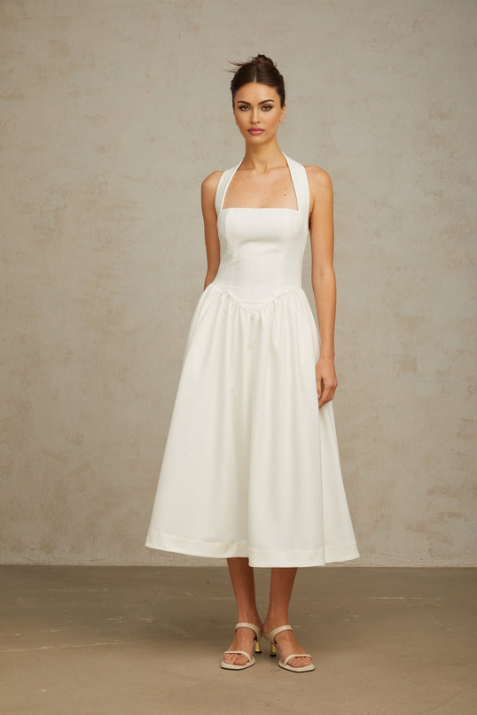 Mattea White Halterneck Pleated Midi Dress with Open Back Design