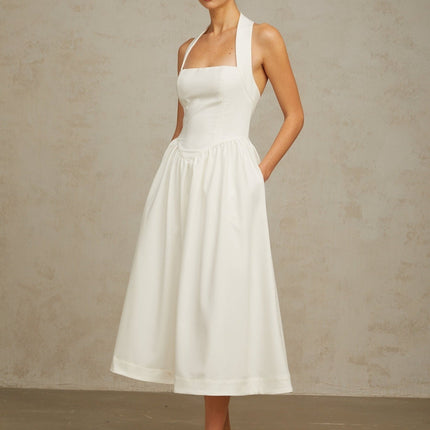 Mattea White Halterneck Pleated Midi Dress with Open Back Design