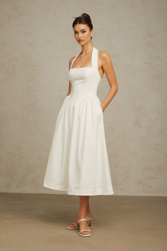 Mattea White Halterneck Pleated Midi Dress with Open Back Design