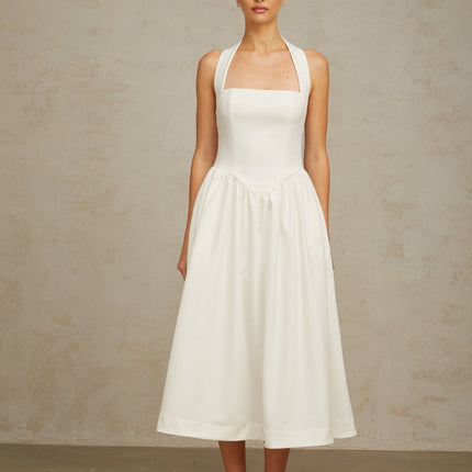 Mattea White Halterneck Pleated Midi Dress with Open Back Design