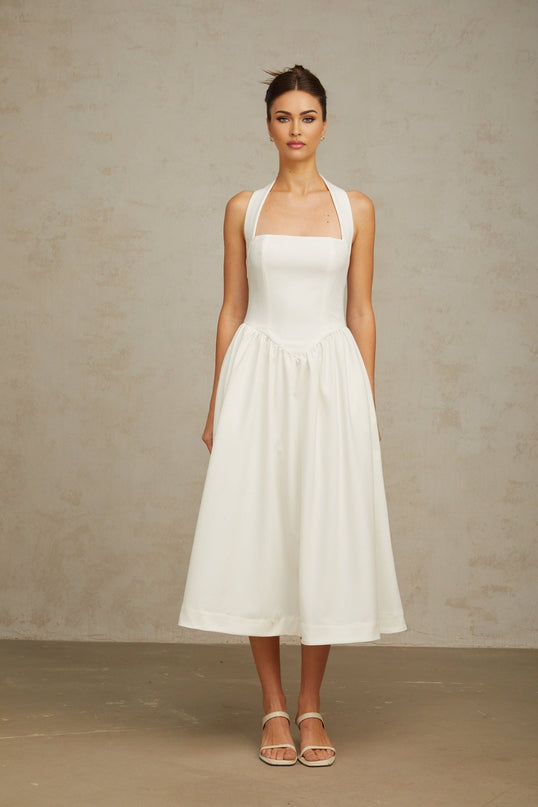 Mattea White Halterneck Pleated Midi Dress with Open Back Design
