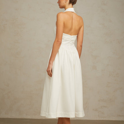 Mattea White Halterneck Pleated Midi Dress with Open Back Design