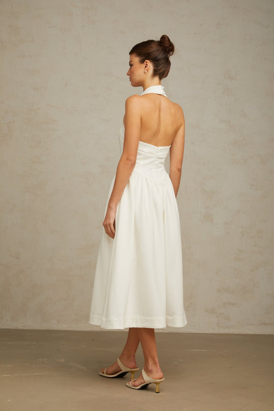 Mattea White Halterneck Pleated Midi Dress with Open Back Design