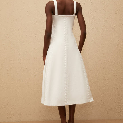 Mattea White Knitted Midi Dress with Braid Detailing and U-Neck