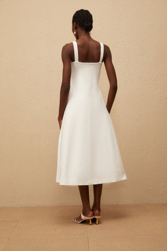 Mattea White Knitted Midi Dress with Braid Detailing and U-Neck