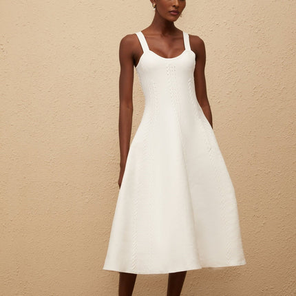 Mattea White Knitted Midi Dress with Braid Detailing and U-Neck