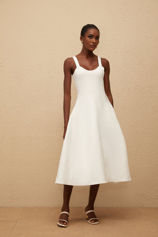 Mattea White Knitted Midi Dress with Braid Detailing and U-Neck