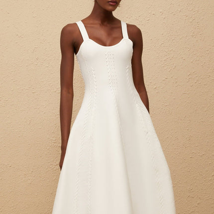 Mattea White Knitted Midi Dress with Braid Detailing and U-neck