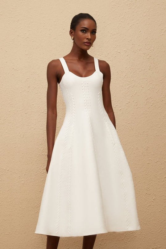 Mattea White Knitted Midi Dress with Braid Detailing and U-neck