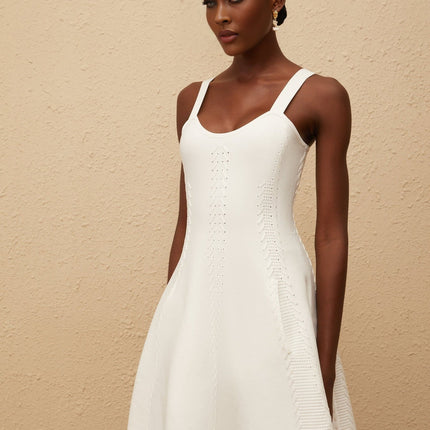 Mattea White Knitted Midi Dress with Braid Detailing U-Neck Sleeveless Wide Straps Fitted Waistline A-Line Skirt Side Slit Pockets Slip-On Design 100% Terylene Fiber