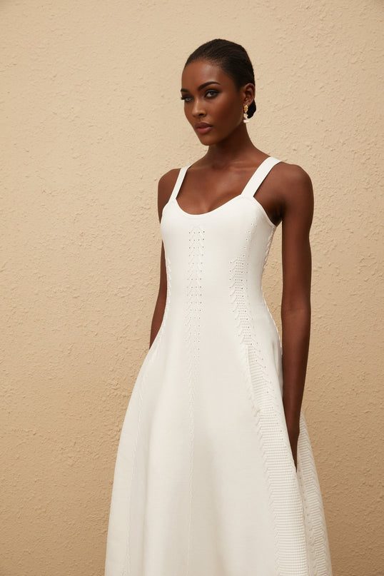 Mattea White Knitted Midi Dress with Braid Detailing U-Neck Sleeveless Wide Straps Fitted Waistline A-Line Skirt Side Slit Pockets Slip-On Design 100% Terylene Fiber