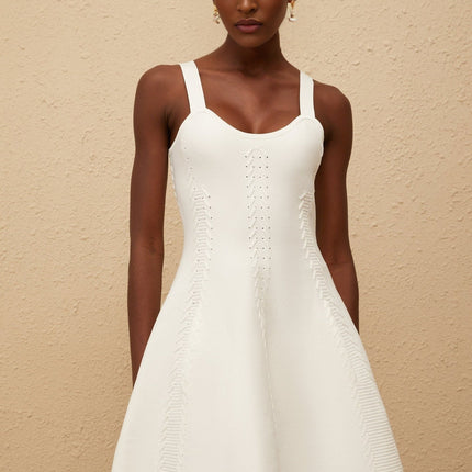 Mattea White Knitted Midi Dress with Braid Detailing and U-neck