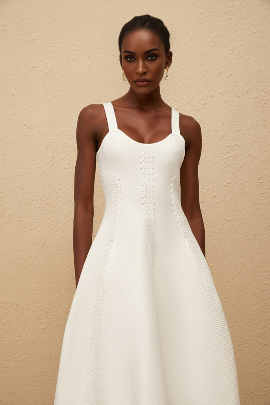 Mattea White Knitted Midi Dress with Braid Detailing and U-neck