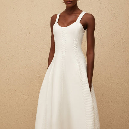 Mattea White Knitted Midi Dress with Braid Detailing and U-neck