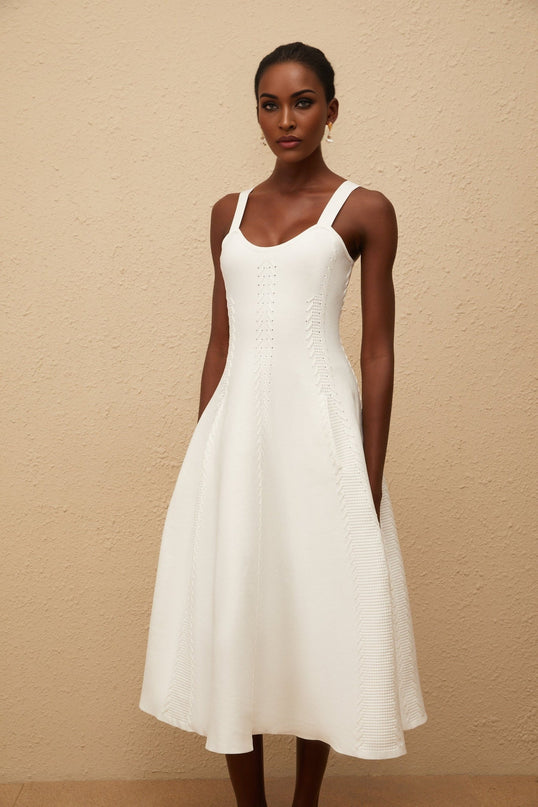 Mattea White Knitted Midi Dress with Braid Detailing and U-neck