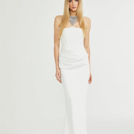Mattea White Maxi Dress Terylene Fiber Off-Shoulder Pleated Flared Hem Rear Zip Fastening Special Occasion Elegant Chic