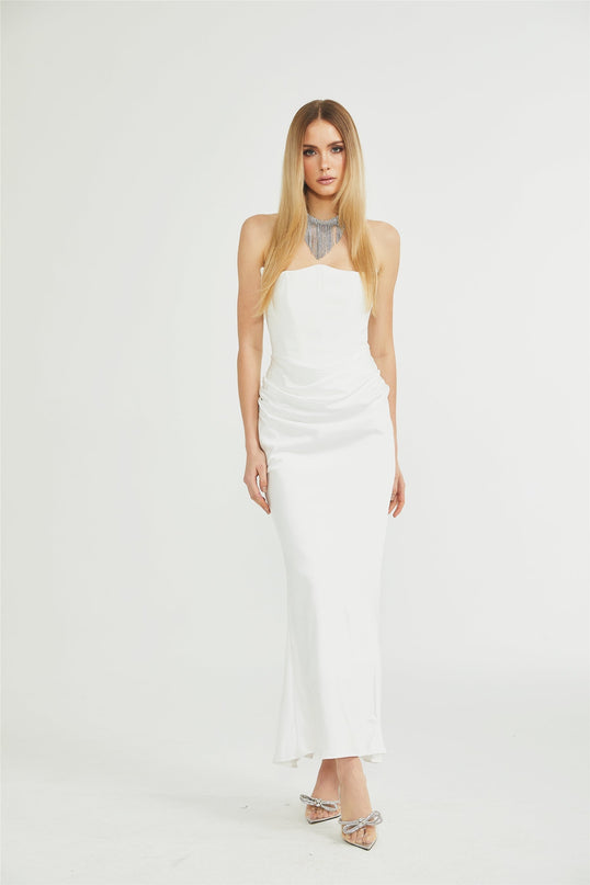 Mattea White Maxi Dress Terylene Fiber Off-Shoulder Pleated Flared Hem Rear Zip Fastening Special Occasion Elegant Chic