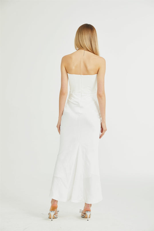 Mattea White Maxi Dress Terylene Fiber Off-Shoulder Pleated Flared Hem Rear Zip Fastening Special Occasion Elegant Chic