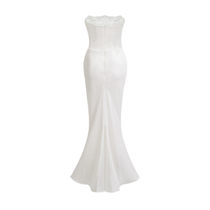 Mattea White Maxi Dress Terylene Fiber Off-shoulder Pleated Flared Hem Rear Zip Fastening Special Occasion Elegant Chic
