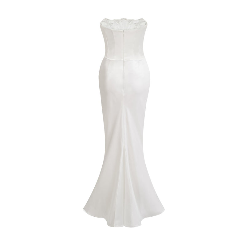 Mattea White Maxi Dress Terylene Fiber Off-shoulder Pleated Flared Hem Rear Zip Fastening Special Occasion Elegant Chic