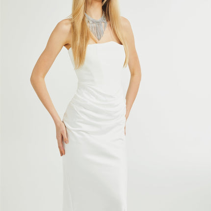 Mattea White Maxi Dress Terylene Fiber Off-Shoulder Pleated Flared Hem Rear Zip Fastening Special Occasion Elegant Chic