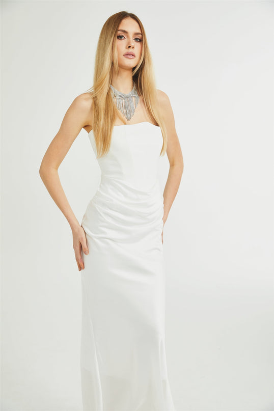 Mattea White Maxi Dress Terylene Fiber Off-Shoulder Pleated Flared Hem Rear Zip Fastening Special Occasion Elegant Chic