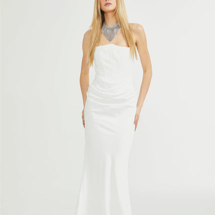 Mattea White Maxi Dress Terylene Fiber Off-Shoulder Pleated Details Flared Hem Rear Zip Fastening Special Occasion Refined Style Timeless Beauty Effortless Chic Ensemble