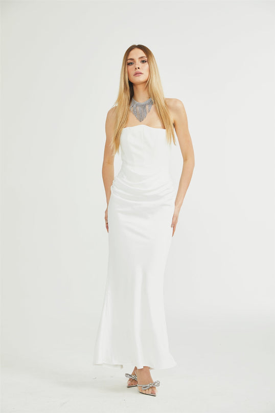 Mattea White Maxi Dress Terylene Fiber Off-Shoulder Pleated Details Flared Hem Rear Zip Fastening Special Occasion Refined Style Timeless Beauty Effortless Chic Ensemble