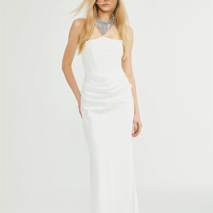 Mattea White Maxi Dress Terylene Fiber Off-Shoulder Pleated Flared Hem Rear Zip Fastening Special Occasion Elegant Chic