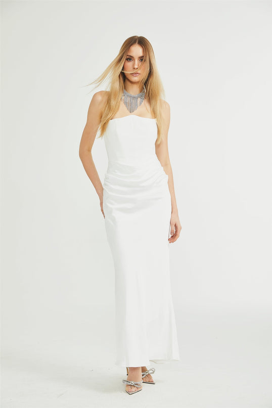 Mattea White Maxi Dress Terylene Fiber Off-Shoulder Pleated Flared Hem Rear Zip Fastening Special Occasion Elegant Chic