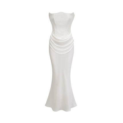 Mattea White Maxi Dress Terylene Fiber Off-Shoulder Pleated Flared Hem Rear Zip Fastening Special Occasion Elegant Chic