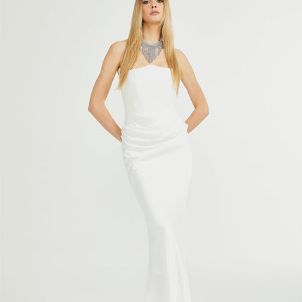Mattea White Maxi Dress Terylene Fiber Off-Shoulder Pleated Flared Hem Rear Zip Fastening Special Occasion Refined Style Timeless Beauty Chic Ensemble