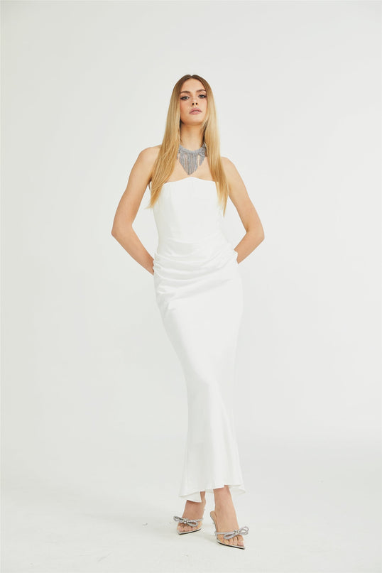 Mattea White Maxi Dress Terylene Fiber Off-Shoulder Pleated Flared Hem Rear Zip Fastening Special Occasion Refined Style Timeless Beauty Chic Ensemble