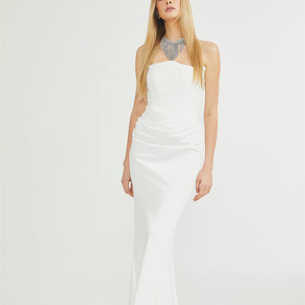 Mattea White Maxi Dress Terylene Fiber Off-Shoulder Pleated Flared Hem Rear Zip Fastening Special Occasion Elegant Chic
