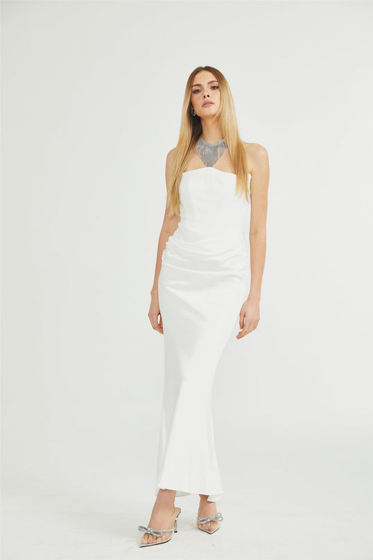 Mattea White Maxi Dress Terylene Fiber Off-Shoulder Pleated Flared Hem Rear Zip Fastening Special Occasion Elegant Chic