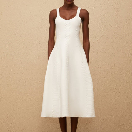 Mattea White Midi Dress with Knitted Construction and Braid Detailing