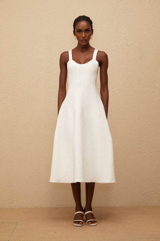 Mattea White Midi Dress with Knitted Construction and Braid Detailing