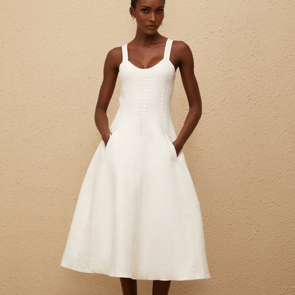 Mattea White Midi Dress Knitted Braid Detail U-neck Sleeveless Wide Straps A-line Skirt Slip-on Design Side Slit Pockets 100% Terylene Fiber