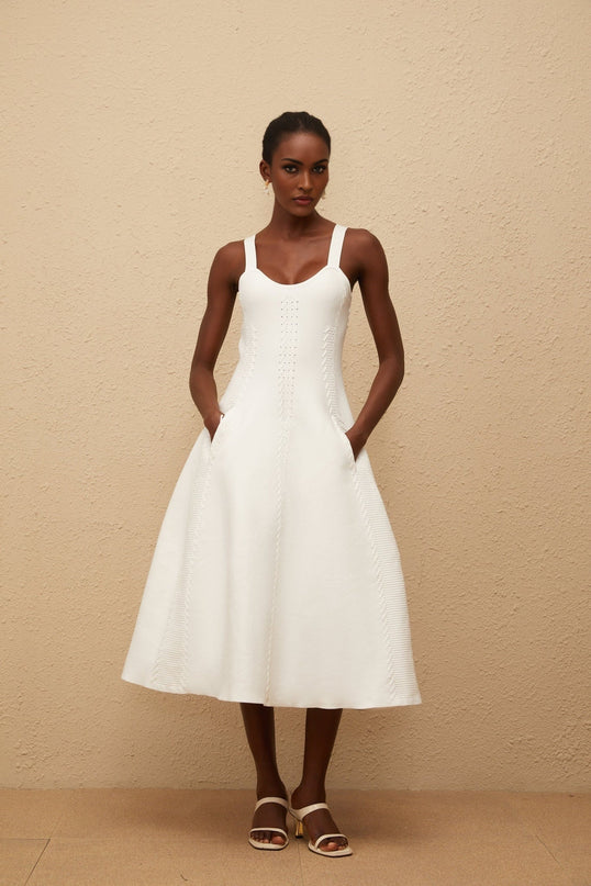Mattea White Midi Dress Knitted Braid Detail U-neck Sleeveless Wide Straps A-line Skirt Slip-on Design Side Slit Pockets 100% Terylene Fiber