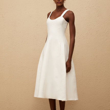 Mattea White Midi Dress Knitted Braid Detail U-Neck Sleeveless Wide Straps Fitted Waistline A-Line Skirt Side Slit Pockets Slip-On Design 100% Terylene Fiber