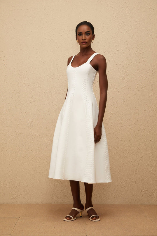 Mattea White Midi Dress Knitted Braid Detail U-Neck Sleeveless Wide Straps Fitted Waistline A-Line Skirt Side Slit Pockets Slip-On Design 100% Terylene Fiber