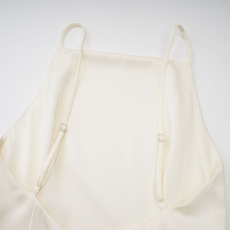 Mattea White Mini Dress Spaghetti Strap Open Back Ruffled Satin Layered Effect Shawl Paneling Side Zip Fastening Terylene Fiber Glamour