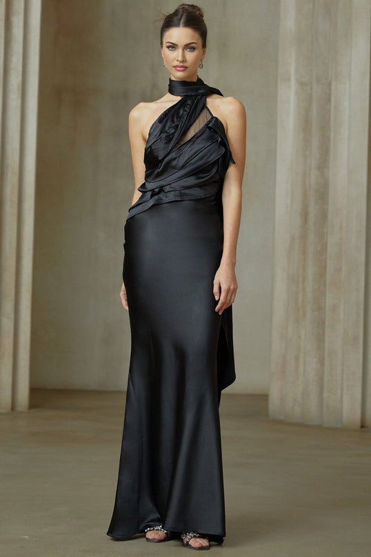 Maureen black ribbondesign satin maxi dress