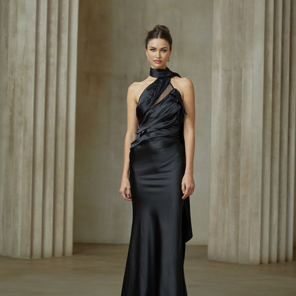 Maureen black ribbondesign satin maxi dress