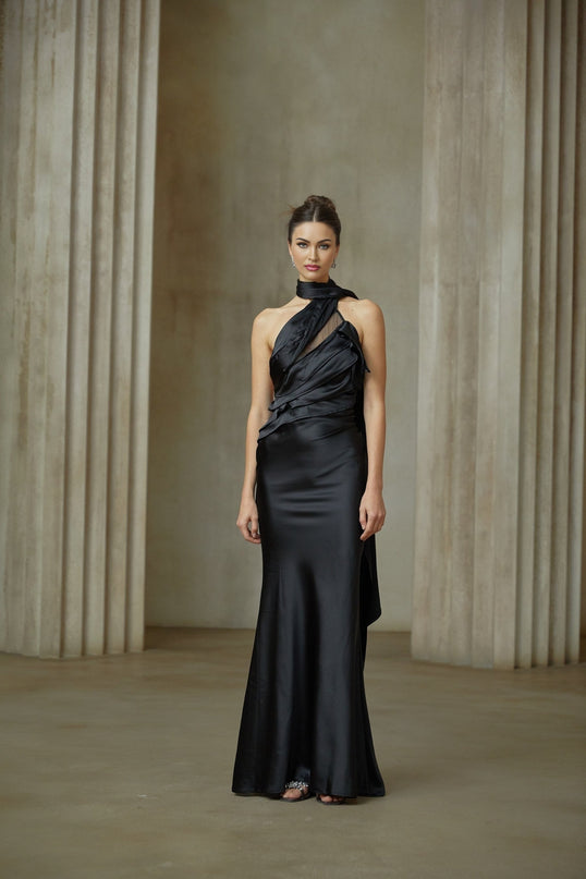 Maureen black ribbondesign satin maxi dress