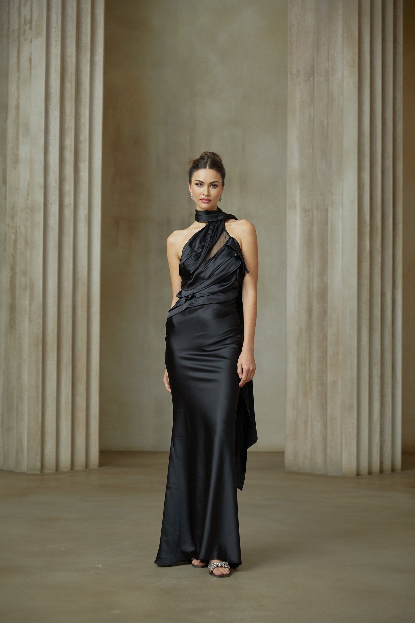 Maureen black ribbondesign satin maxi dress