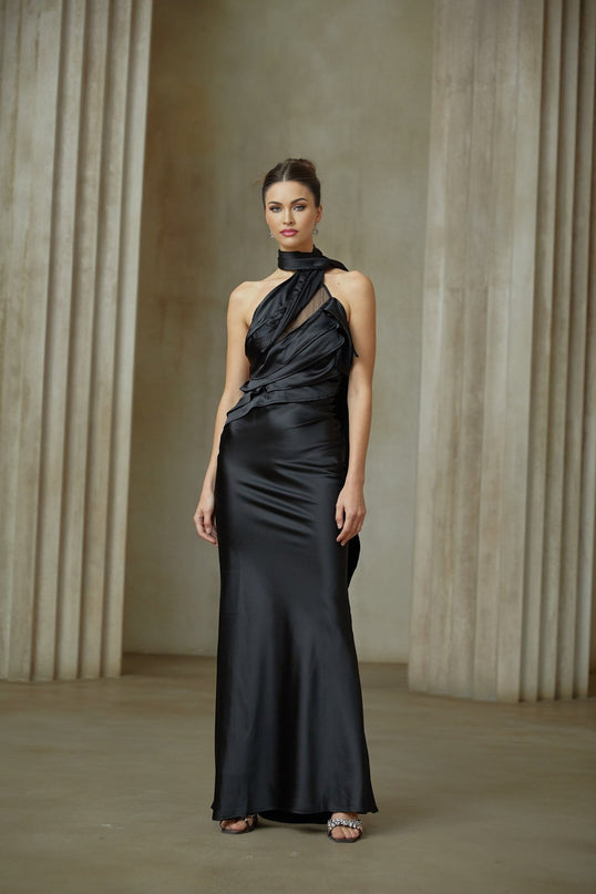 Maureen black ribbondesign satin maxi dress