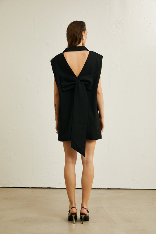 Maya Black Sleeveless Double-Breasted Blazer with Rear Bow Detailing and Flap Pockets