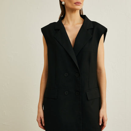 Maya Black Sleeveless Bow Detail Double-Breasted Blazer